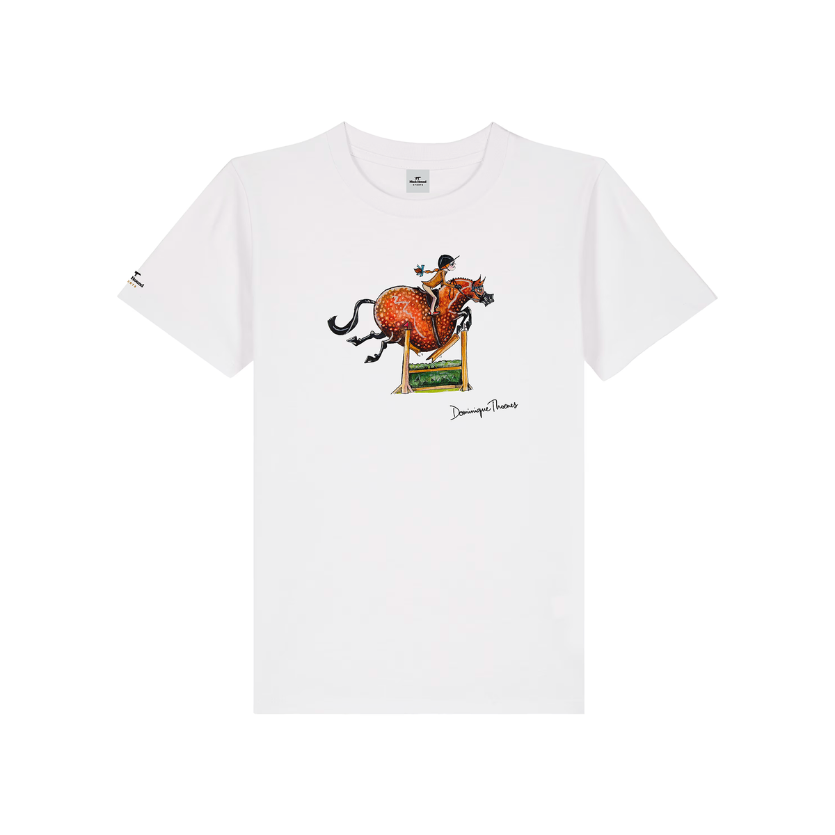 Front of Dominique Thoenes kids organic cotton T-shirt, show jumper illustration